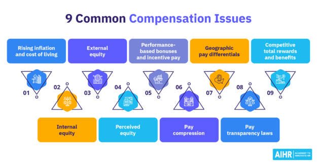 9 common compensation issues including inflation, equity, pay compression, incentive pay, and geographic pay differences.