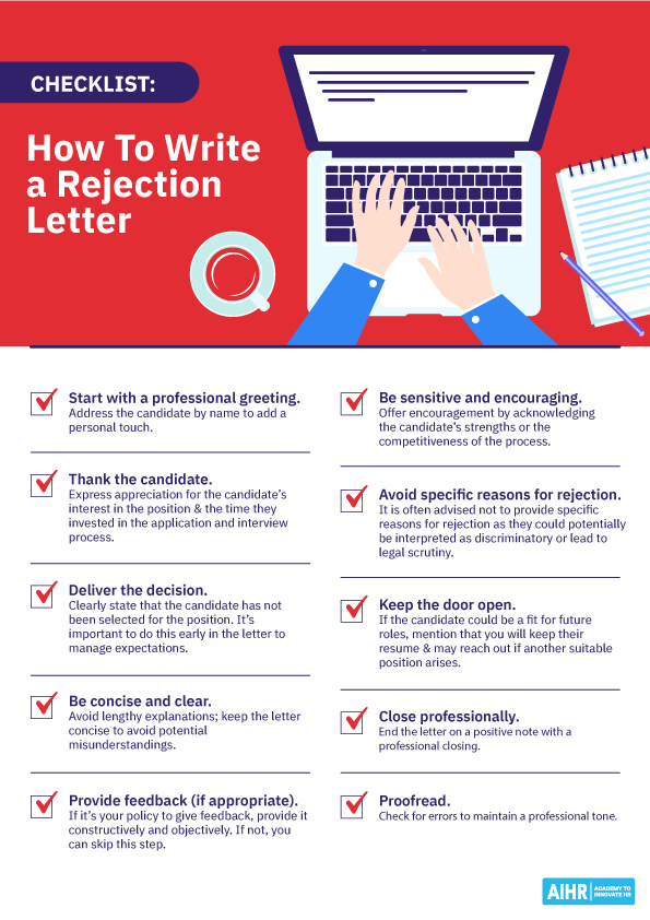 A checklist for crafting a concise, professional job rejection letter.