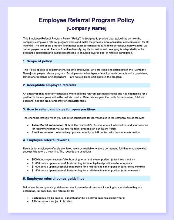 AIHR's free, customizable employee referral program policy template.