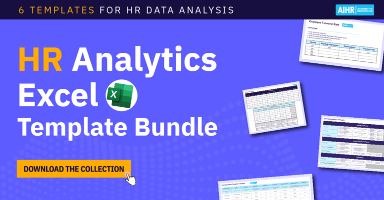 HR analytics Excel template bundle with six templates for analyzing turnover, recruiting, and compensation data.