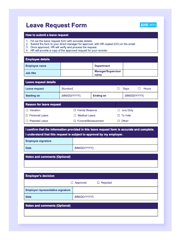 A preview of the leave request form template.