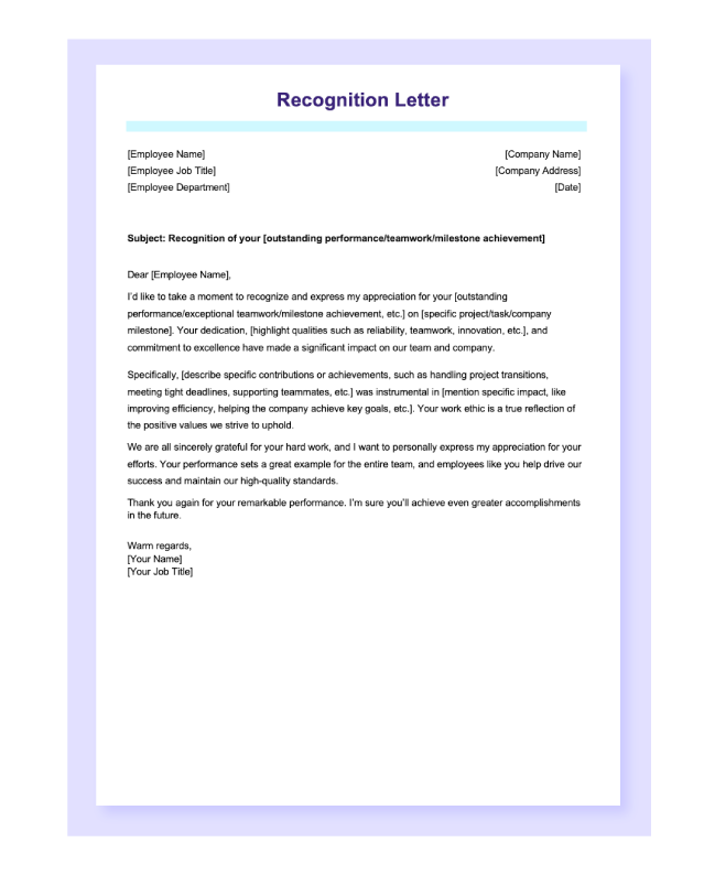 Recognition letter template preview in Word.