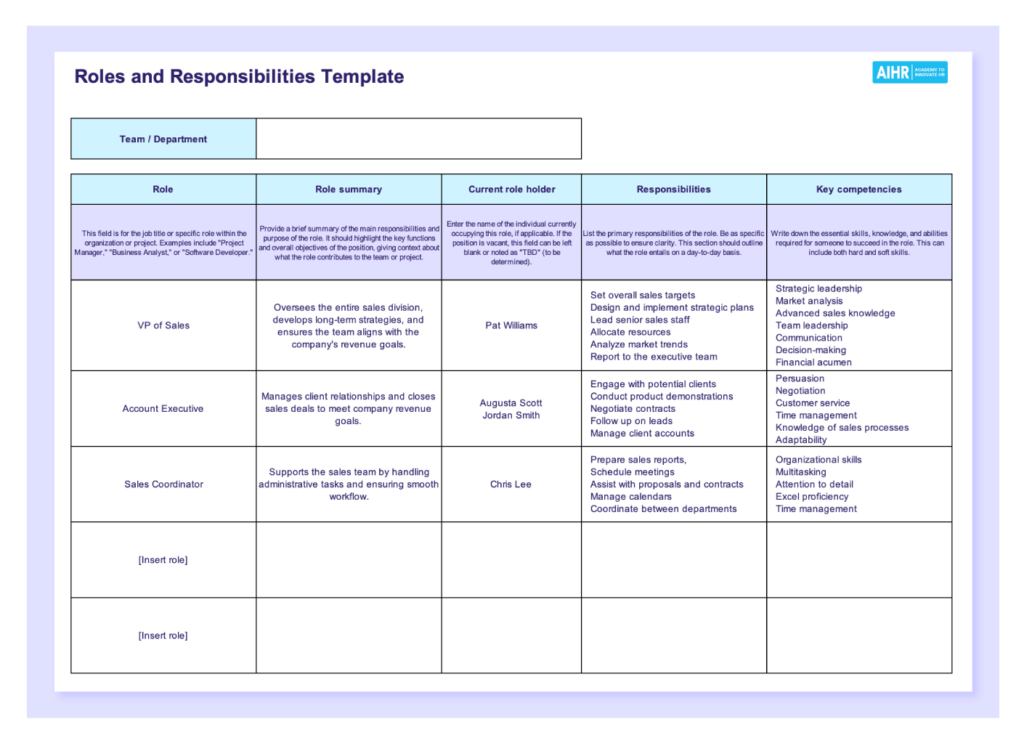 Preview of the free Roles and Responsibilities Template in Excel.