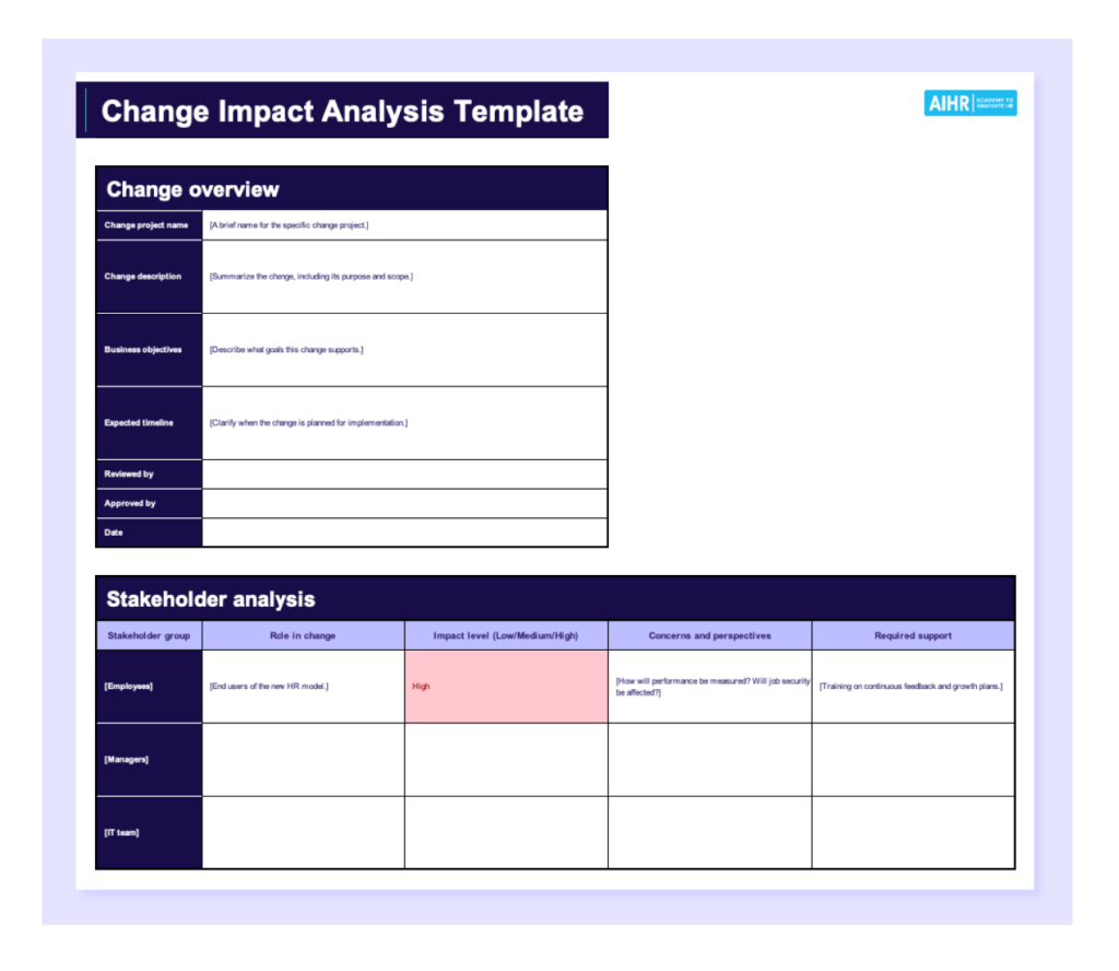 Preview of the change impact analysis template in Excel.