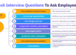 Exit interview question categories covering reasons for leaving, role fit, support, compensation, culture, and growth.