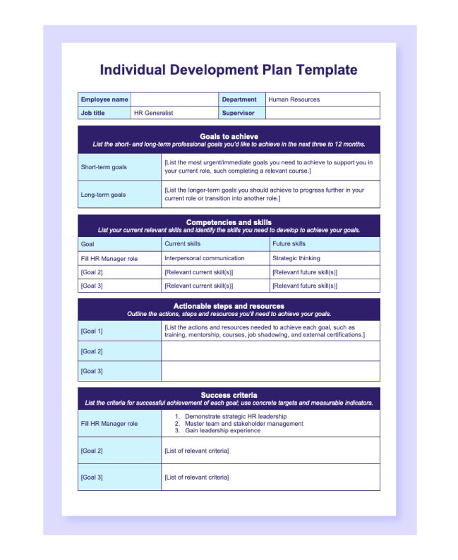 Preview of the individual development plan template in Word.