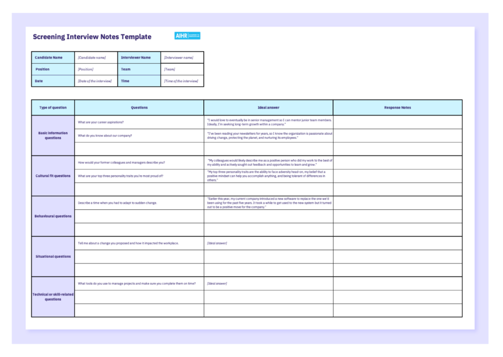 Preview of free interview notes template in Excel.
