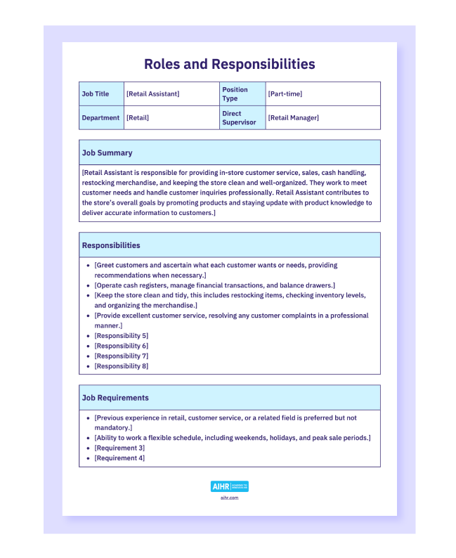 Preview of the free Roles and Responsibilities Template in Word.